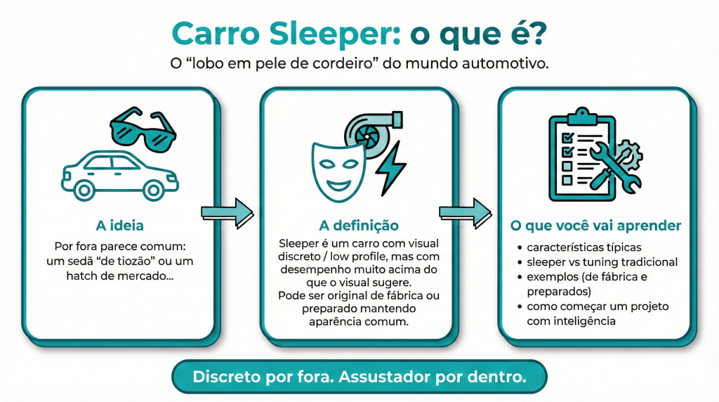 Imagem informativa sobre carros sleeper, apresentando a ideia, definição e o que aprender sobre esse estilo automotivo.
