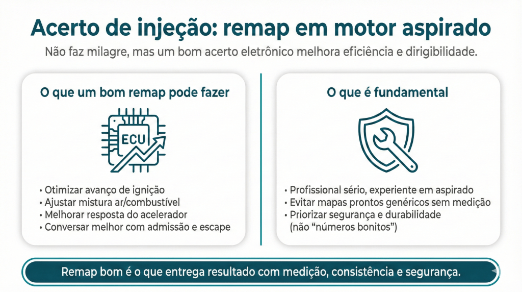 Infográfico sobre acerto de injeção e remapeamento em motor aspirado, destacando aprimoramentos de eficiência e dirigibilidade.