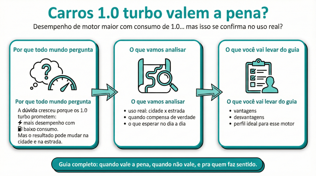 Imagem explicativa sobre carros 1.0 turbo, destacando seu desempenho e consumo. Inclui seções sobre perguntas comuns, análises de uso real e o que o guia aborda, como vantagens e desvantagens.