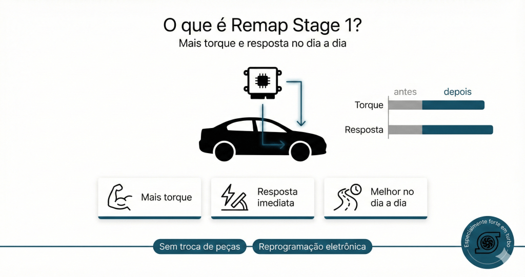 o que é remap stage 1
Mais torque e resposta no dia a dia
Resposta Imediata 
sem troca de peças
reprogramação eletrônica
