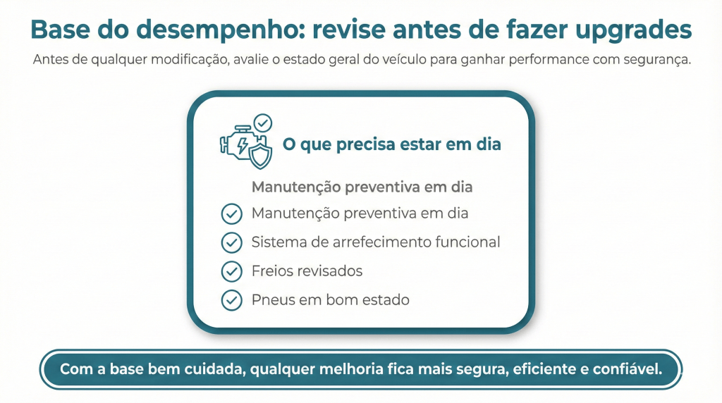 Texto informativo sobre a importância de revisar o estado do veículo antes de fazer upgrades, destacando a manutenção preventiva e os itens que devem estar em dia.