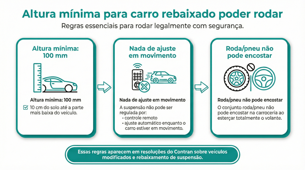 Infográfico sobre regras para carros rebaixados, incluindo altura mínima de 100 mm, proibição de ajustes em movimento e restrições sobre o contato de roda e pneu com a carroceria.