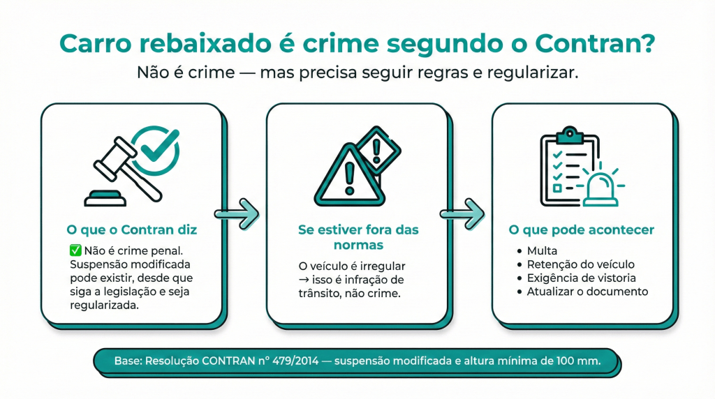 Infográfico sobre a legalidade de carros rebaixados segundo o Contran, explicando que não é crime penal, mas deve seguir regras para regularização.