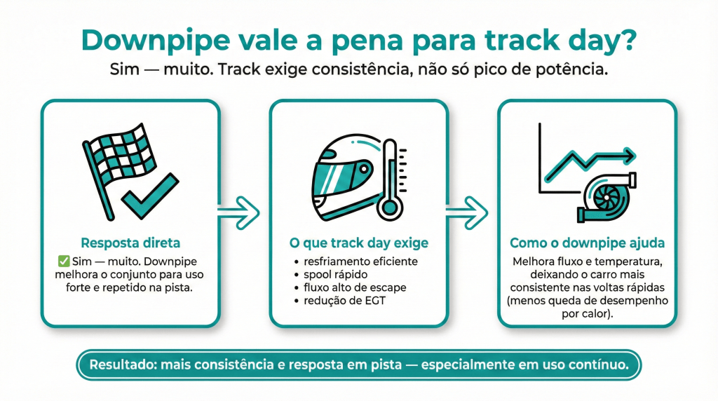 Imagem informativa sobre os benefícios do downpipe para track day, destacando consistência e desempenho contínuo.