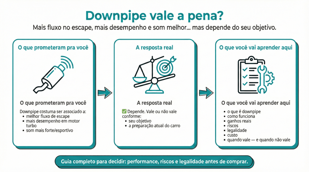 Imagem ilustrativa sobre downpipe, destacando promessas de desempenho e legalidade, com três seções explicativas sobre benefícios, análise de custo-benefício e aprendizado sobre o tema.