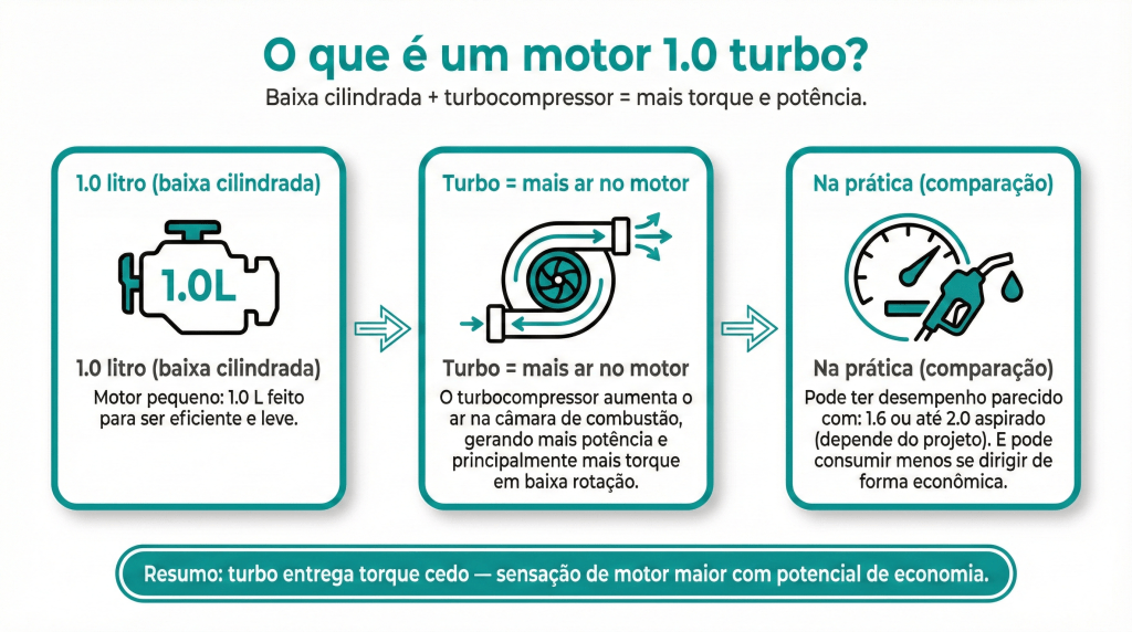 Infográfico sobre motores 1.0 turbo, explicando a relação entre baixa cilindrada e turbocompressor para maior torque e potência.