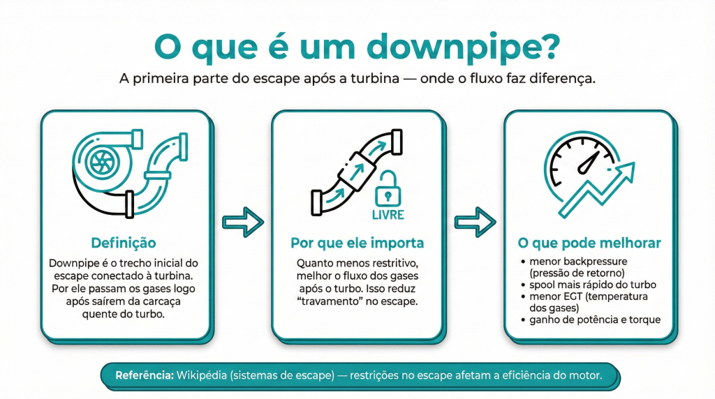 Imagem explicativa sobre downpipe em sistemas de escape automotivos, contendo definição, importância e melhorias relacionadas ao fluxo de gases.