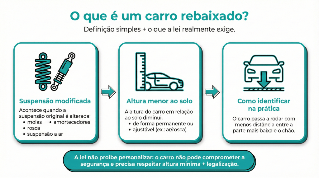 Imagem explicativa sobre carros rebaixados, abordando suspensão modificada, altura ao solo e identificação prática, com informações sobre legalidade e segurança.