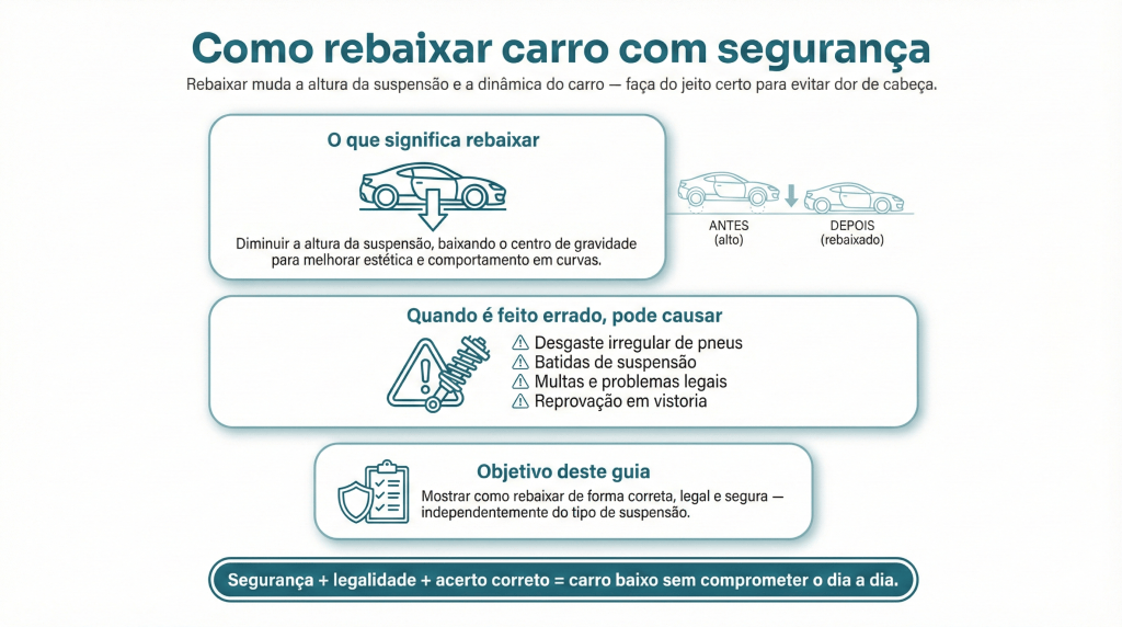 Imagem explicativa sobre como rebaixar um carro com segurança, destacando o que significa rebaixar, consequências de um rebaixamento feito de forma inadequada, e o objetivo do guia.