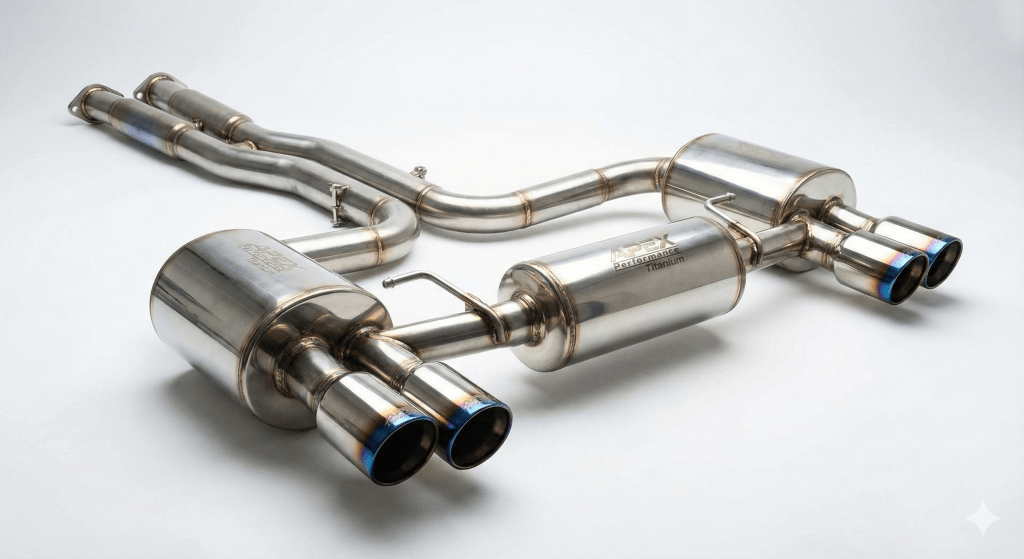 Sistema de escapamento de titânio com ponteiras duplas, modelo Apex Performance.