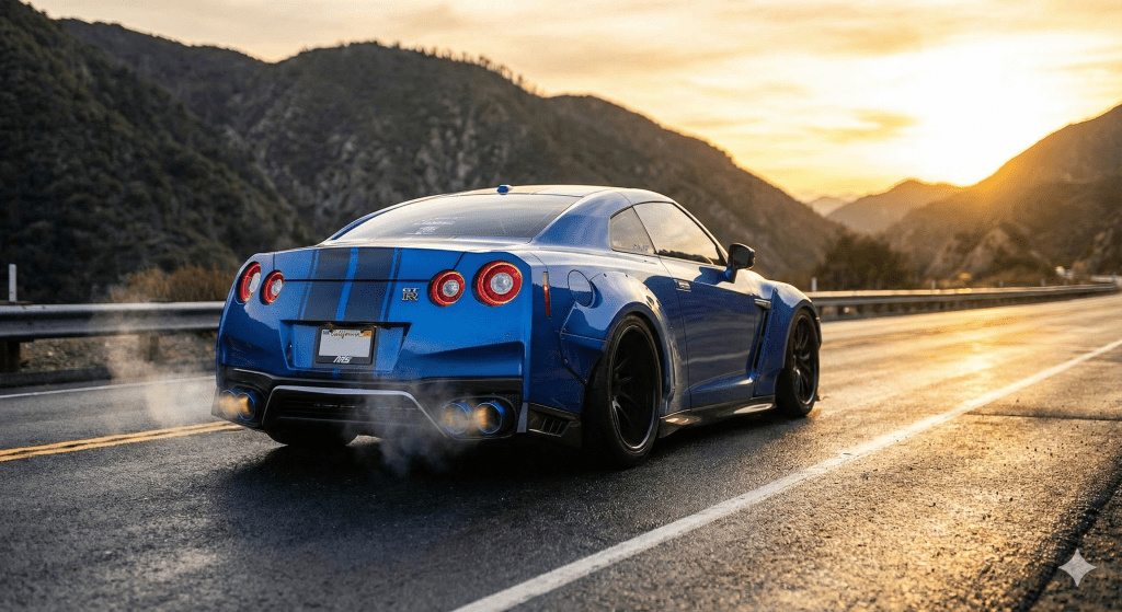 Um carro esportivo azul na estrada, com montanhas ao fundo e um pôr do sol ao longe.