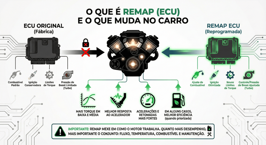 Ilustração explicativa sobre remap stage 2 vale a pena, destacando diferenças entre a ECU original e a ECU reprogramada. Mostra benefícios como aumento de torque e melhor resposta do acelerador.