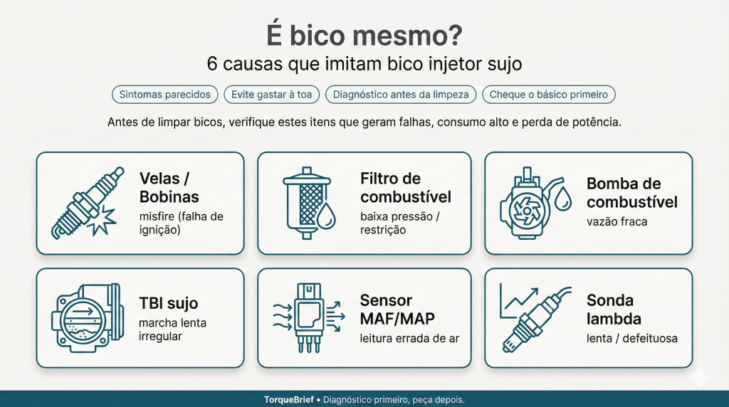 Imagem informativa sobre as 6 causas que imitam problemas de bico injetor sujo em veículos, destacando tópicos como velas, filtro de combustível, bomba de combustível, TBI, sensor MAF/MAP e sonda lambda.