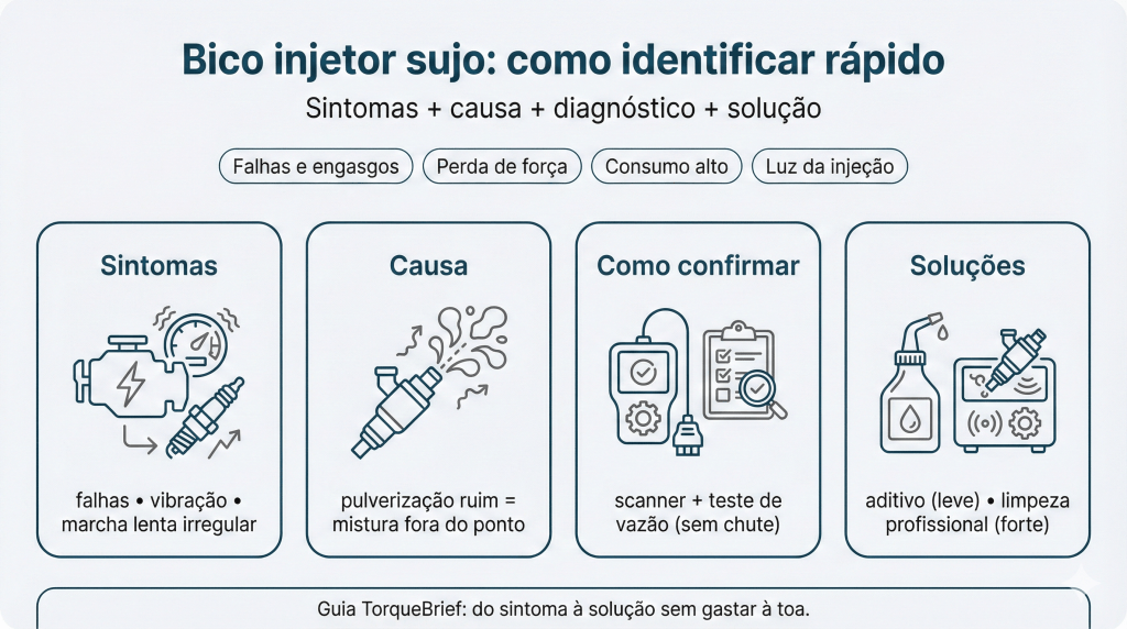 Imagem com informações sobre como identificar bico injetor sujo sintomas, incluindo sintomas, causas, métodos de confirmação e soluções.