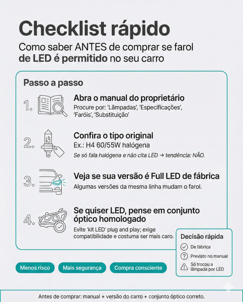 Imagem de um checklist rápido sobre como saber se farol de LED é permitido em um carro. Instruções numeradas para verificar no manual do proprietário, conferir o tipo original, verificar a versão do farol e considerar a compra de um conjunto óptico homologado.