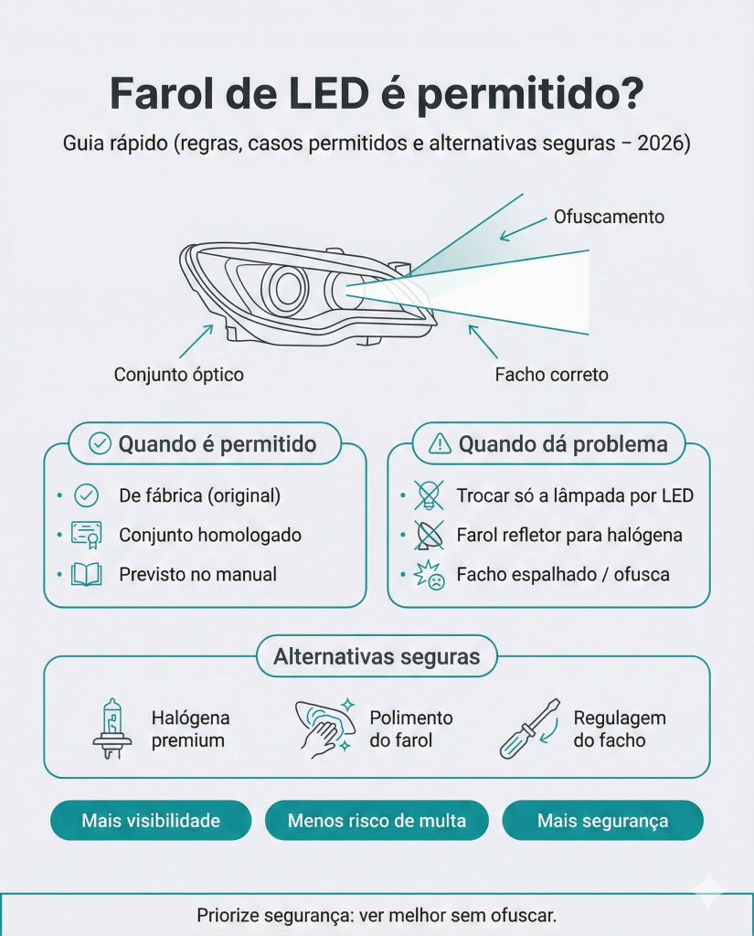 Farol de led é permitido?
Infográfico sobre o uso de faróis de LED, destacando quando são permitidos e os problemas que podem surgir. Inclui orientações sobre alternativas seguras e recomendações sobre visibilidade e regulamentação.l