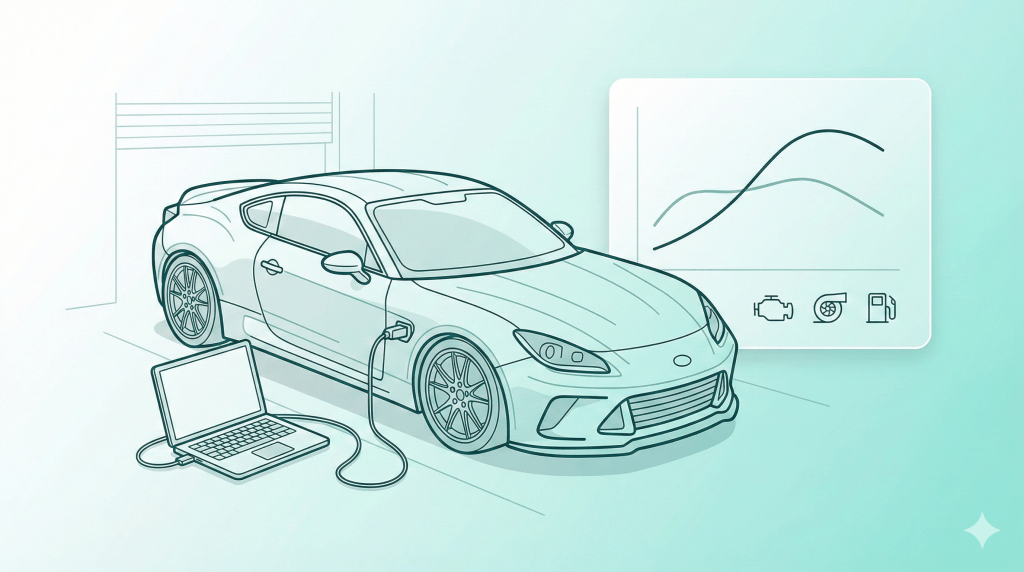 Ilustração de um carro esportivo conectado a um laptop via cabo de carregamento, com um gráfico ao fundo mostrando dados relacionados ao veículo. remap aumenta quantos cv