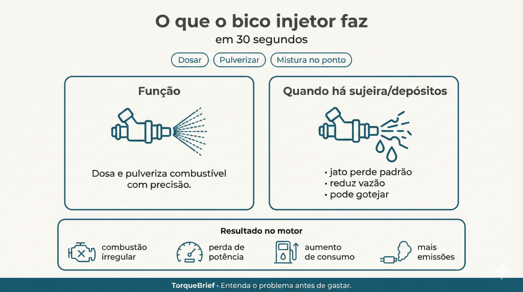 Gráfico explicativo sobre o funcionamento do bico injetor, destacando sua função de dosar e pulverizar combustível com precisão, e os problemas causados por sujeira, como jato perdido e aumento de consumo.