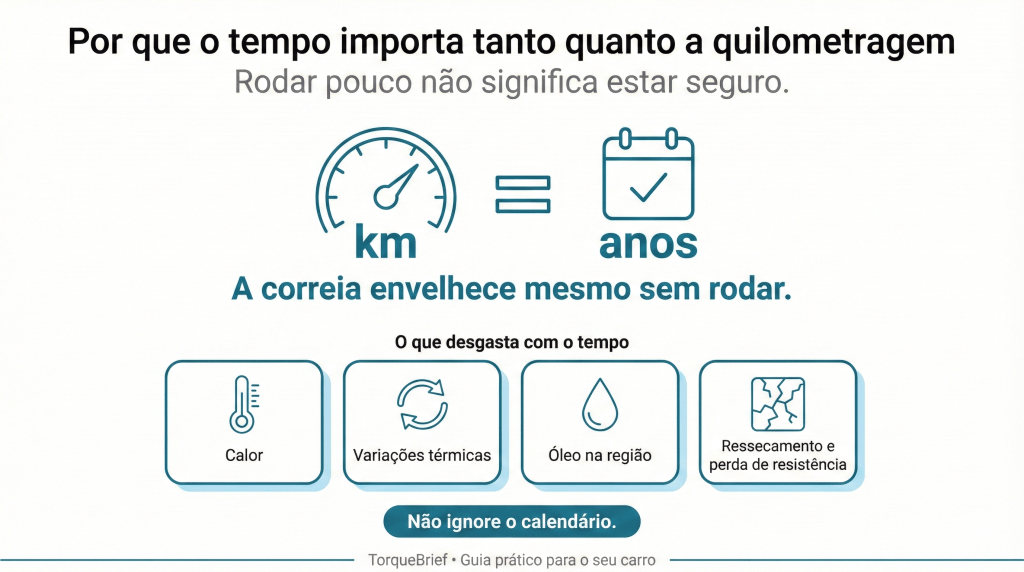 Imagem informativa sobre a importância do tempo e quilometragem na manutenção automotiva, destacando que a correia envelhece mesmo sem uso e listando fatores como calor, variações térmicas, óleo na região e ressecamento que contribuem para o desgaste.
