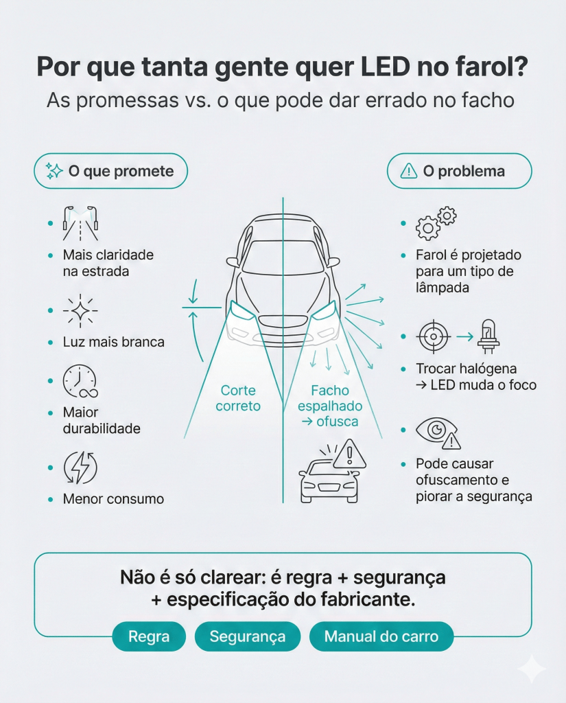 Infográfico sobre as vantagens e desvantagens do uso de faróis LED em comparação aos halógenos, abordando clareza, durabilidade e possíveis problemas de ofuscamento.