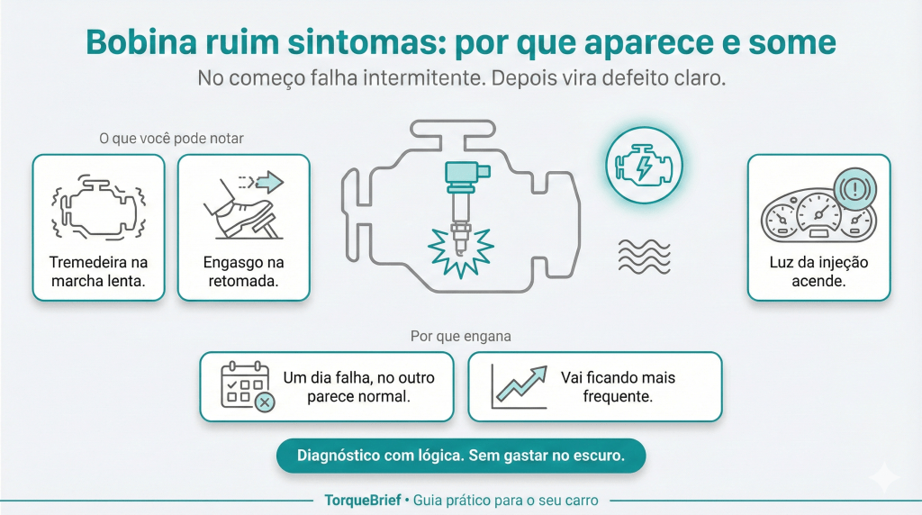Infográfico sobre bobina ruim sintomas em veículos, incluindo tremer na marcha lenta e engasgo na retomada, com dicas de diagnóstico.