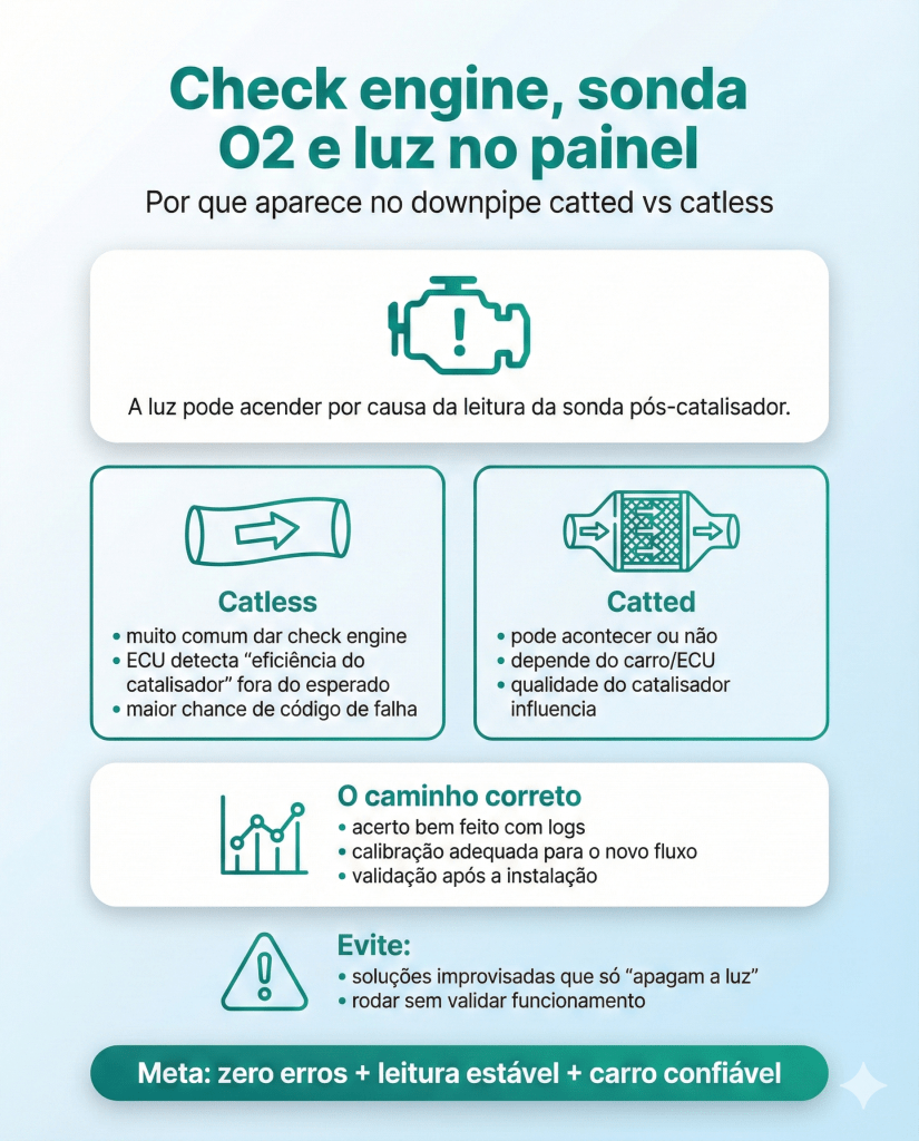 Infográfico sobre check engine, sonda O2 e luz no painel, explicando as diferenças entre sistemas catted e catless, causas de falhas e práticas recomendadas para evitar problemas no carro.
