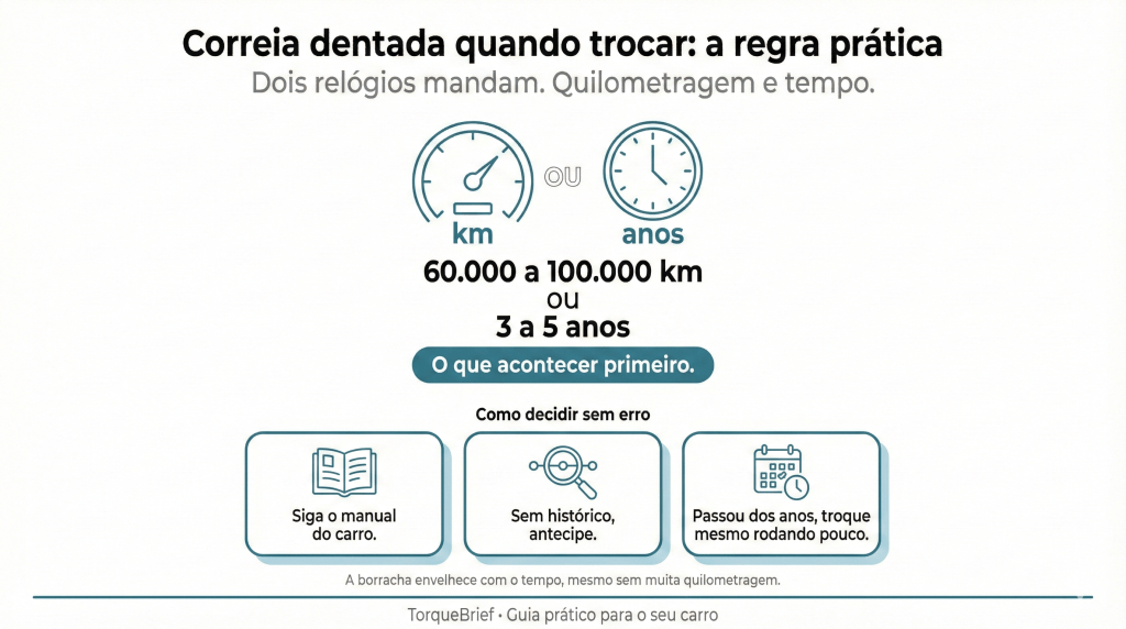 Informação sobre a troca da correia dentada do carro, destacando a quilometragem de 60.000 a 100.000 km ou um intervalo de 3 a 5 anos.
