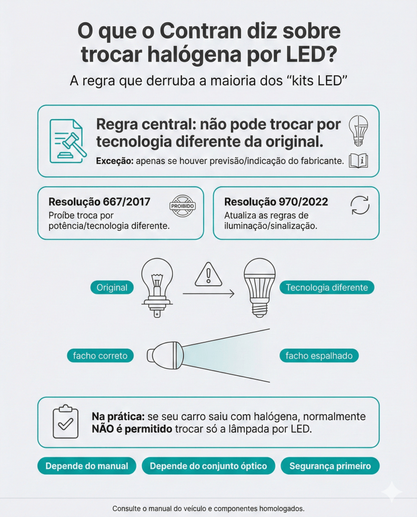 Infográfico explicando regras do Contran sobre a troca de lâmpadas halógenas por LEDs, destacando proibições e exceções.