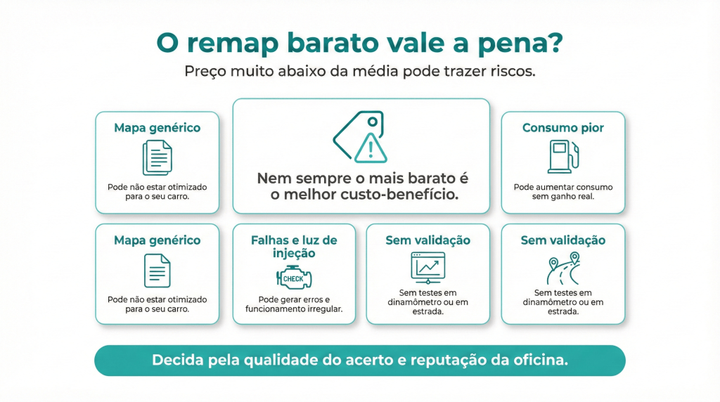 Infográfico sobre os riscos de remapagens baratas, destacando a análise de custo-benefício e a importância da qualidade e reputação da oficina. Inclui informações sobre mapas genéricos, consumo de combustível, falhas e falta de validação nos testes.