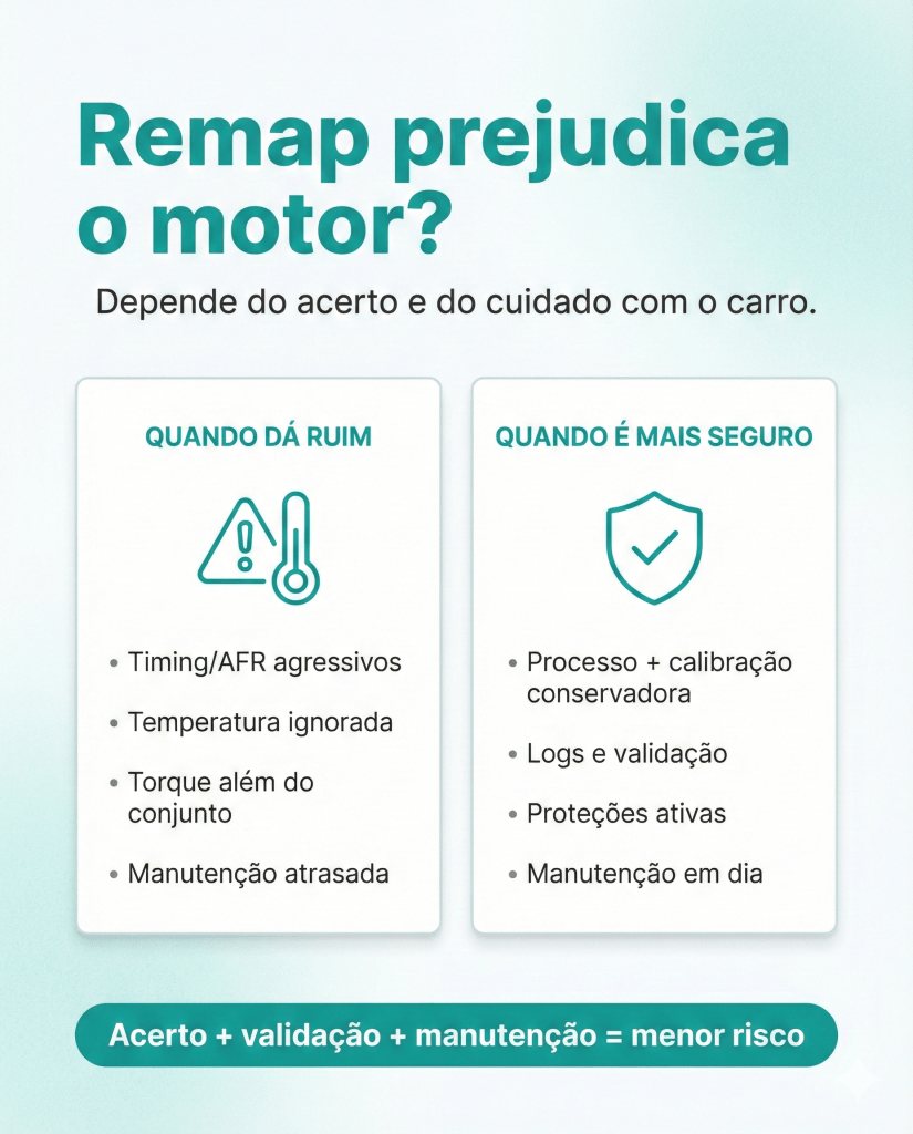 Imagem explicativa sobre o remap prejudica o motor, comparando situações de risco e segurança. Inclui listas de fatores negativos e positivos relacionados ao cuidado do veículo.