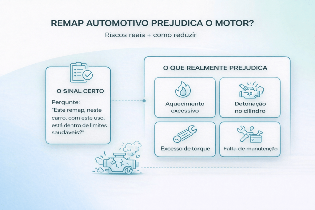 Infográfico sobre remapeamento automotivo, questionando se prejudica o motor, com dicas para reduzir riscos reais.