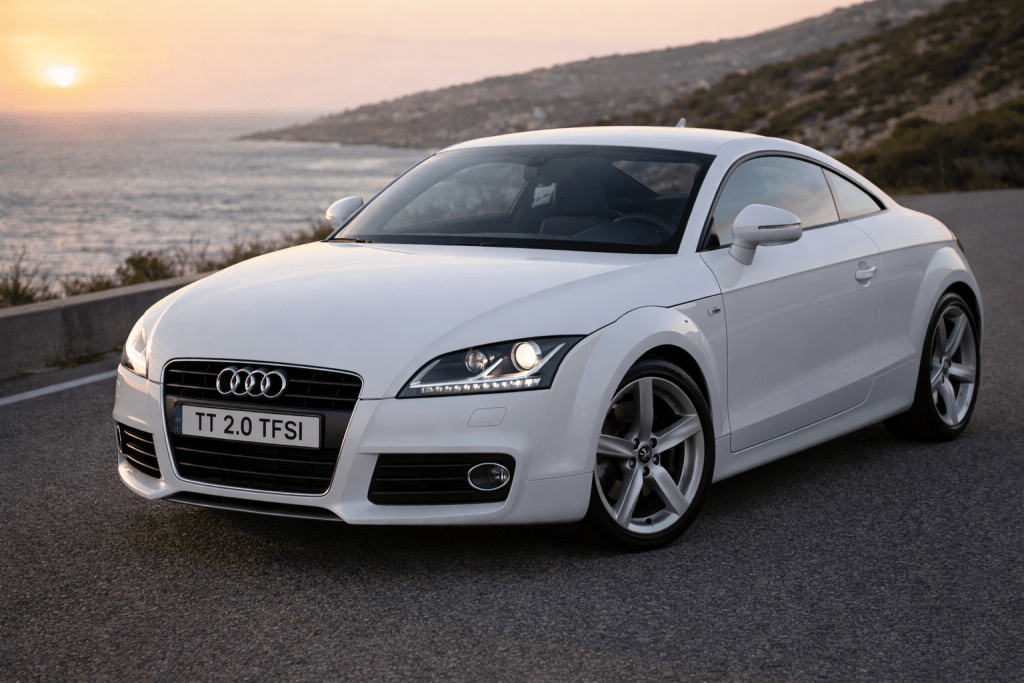 Um Audi TT 2.0 TFSI branco estacionado em uma estrada à beira-mar durante o pôr do sol.