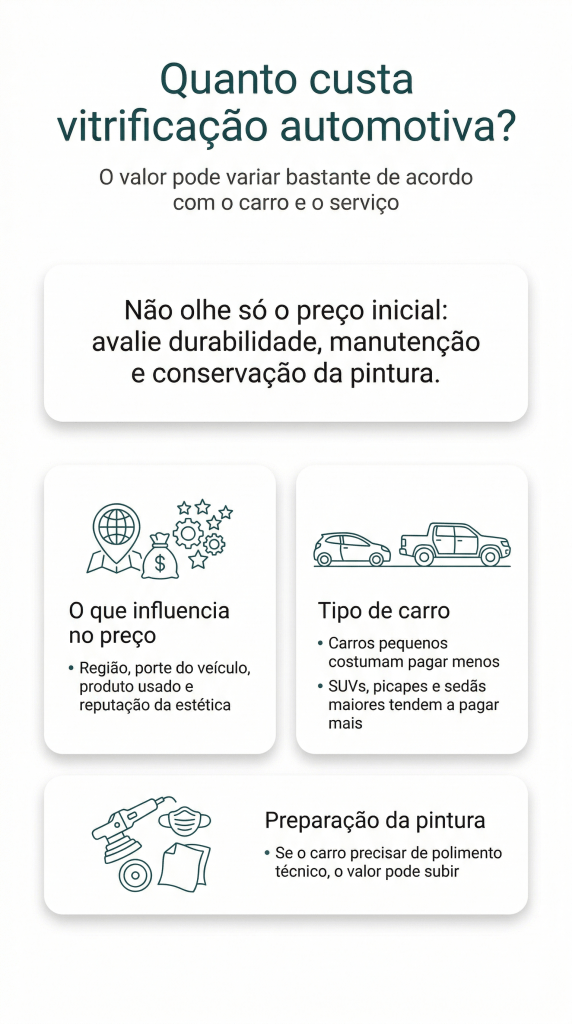 Gráfico informativo sobre o custo da vitrificação automotiva, explicando fatores como preço inicial, tipo de carro e preparação da pintura.