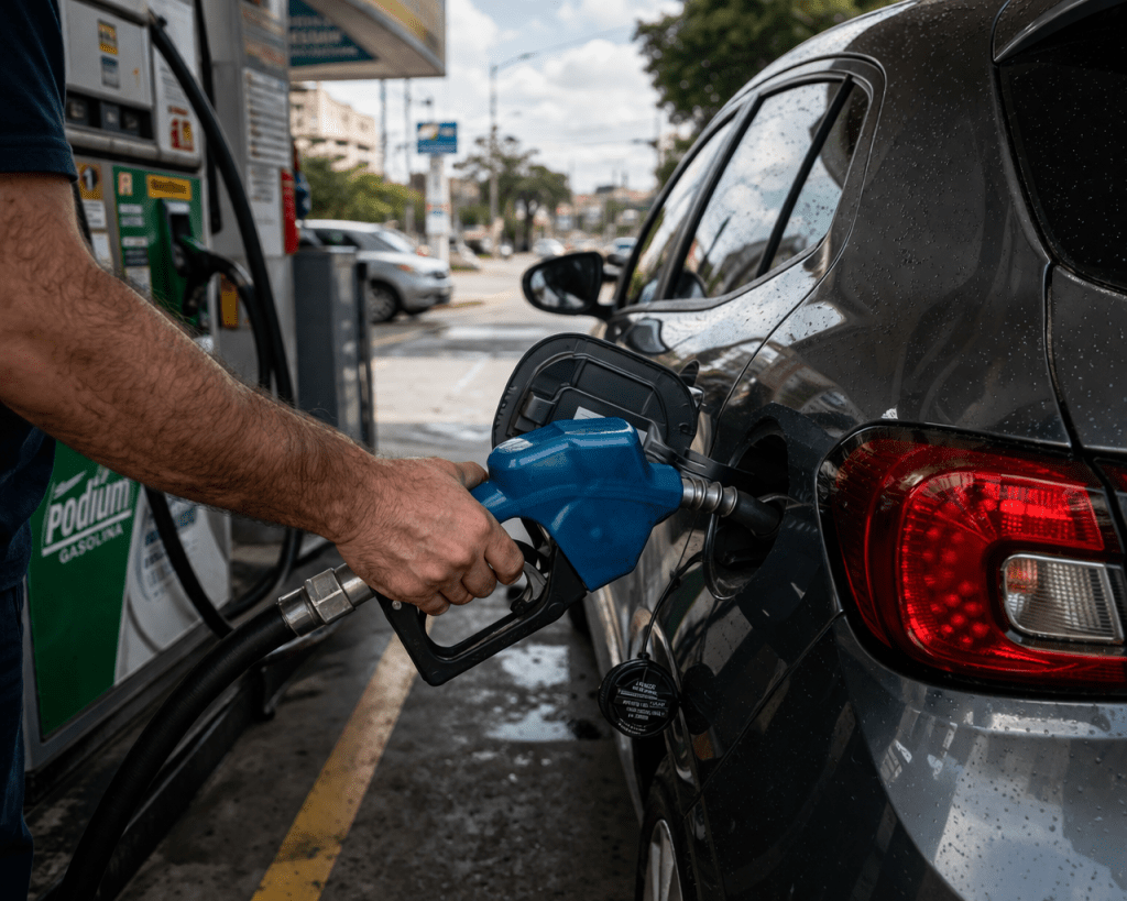 Um homem abastecendo um carro cinza em um posto de gasolina com uma mangueira azul.