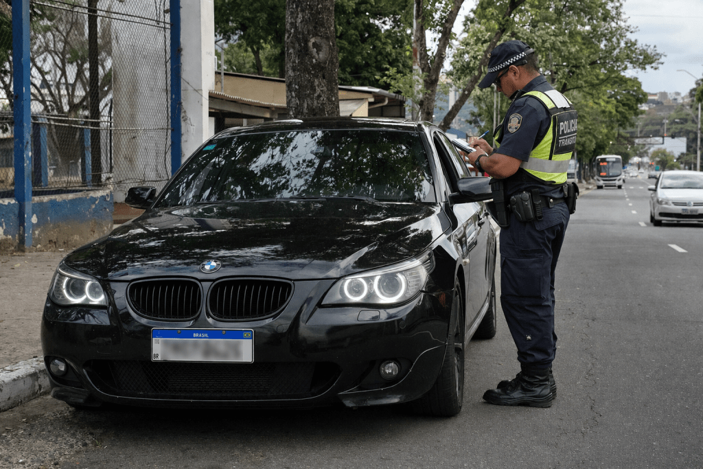 angel eyes é permitido: Um policial de trânsito abordando um carro preto BMW em uma rua, anotando informações na sua prancheta.