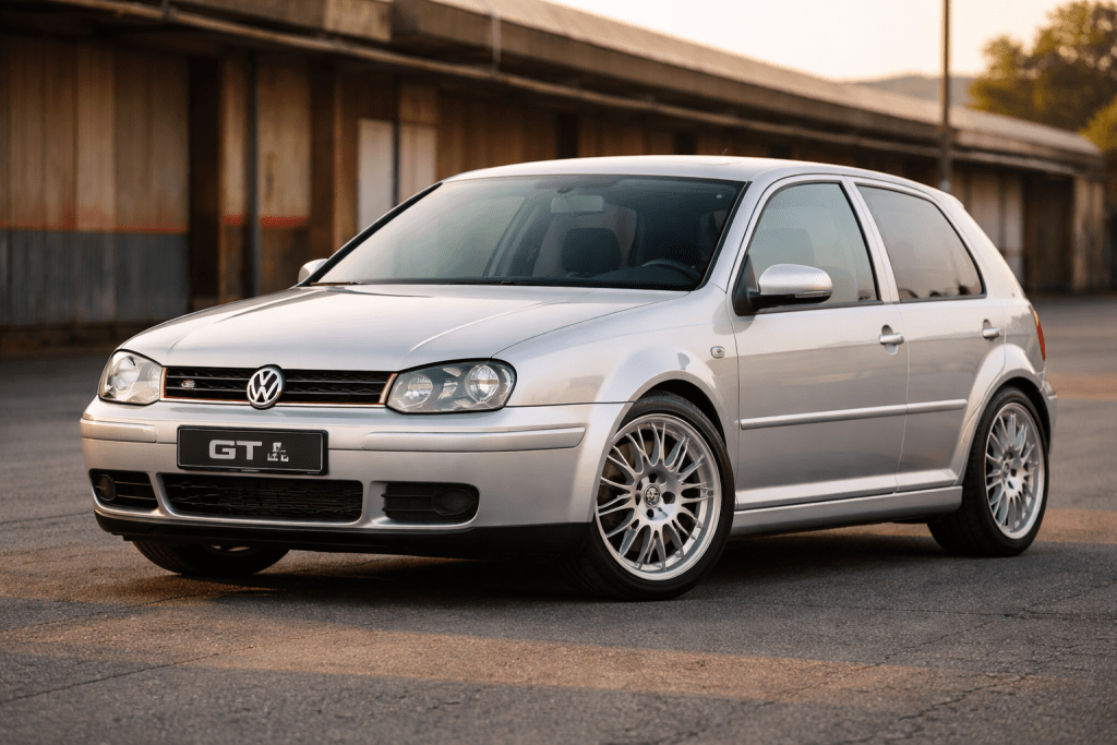Um Volkswagen Golf GT prata estacionado em um piso de concreto, em frente a uma estrutura industrial