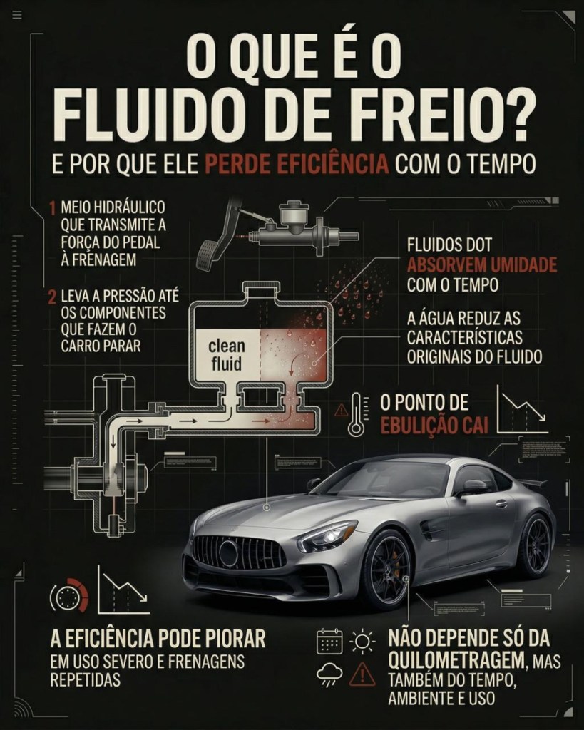 Infográfico explicativo sobre fluido de freio, destacando sua função hidráulica, absorção de umidade e efeitos do tempo na eficiência.