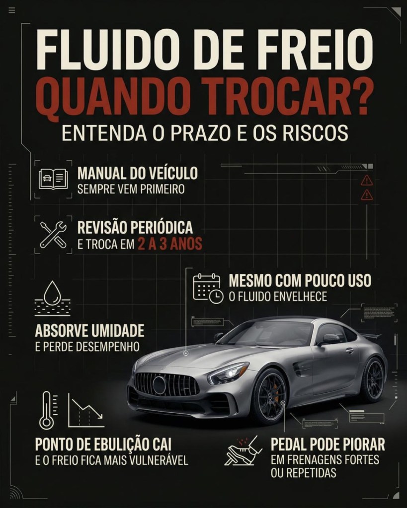 Imagem informativa sobre Fluido de freio quando trocar, destacando a importância do manual do veículo, recomendações de troca a cada 2 a 3 anos, e os riscos associados à umidade e desempenho do fluido. Apresenta um carro esportivo cinza como fundo.